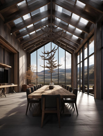 Dining room with a large wooden table and brown leather chairs and a large glass atrium on the ceiling. AI generated, AI generative, AI generativ, AI, generated, generative, generativ.の素材