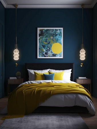 A bedroom with blue walls and a bed with a yellow duvet and paintings on the walls with a frontal view. AI generated, AI generative, AI generativ, AI, generated, generative, generativ.の素材