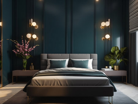 Frontal view of a modern bedroom with graphite dark green blue walls and a neatly made bed. AI generated, AI generative, AI generativ, AI, generated, generative, generativ.の素材