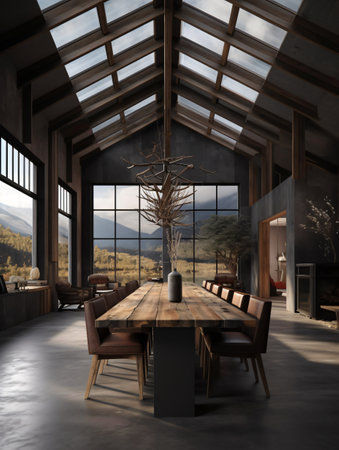 Dining room with a large wooden table and brown leather chairs and a large glass atrium on the ceiling. AI generated, AI generative, AI generativ, AI, generated, generative, generativ.の素材