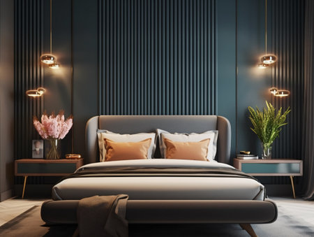 Frontal view of a modern bedroom with graphite dark green blue walls and a neatly made bed. AI generated, AI generative, AI generativ, AI, generated, generative, generativ.の素材