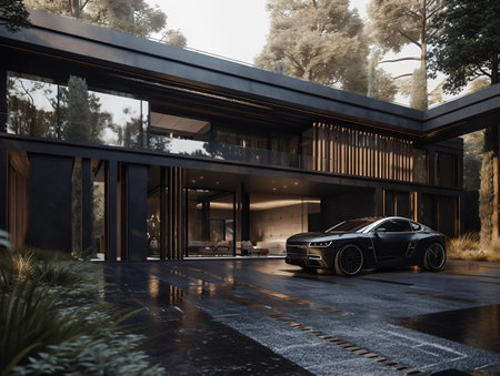 A black car parked in front of a modern design house in a dramatic setting. AI generated, AI generative, AI generativ, AI, generated, generative, generativ.の素材