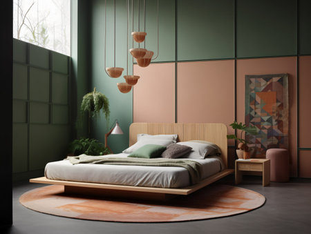 Art deco bedroom with a bed sitting on a wooden floor next to a green wall. AI generated, AI generative, AI generativ, AI, generated, generative, generativ.の素材