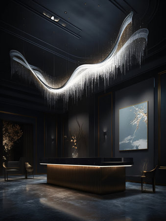 A large white fabric chandelier hanging from the ceiling in a dark room in a dramatic design. AI generated, AI generative, AI generativ, AI, generated, generative, generativ.の素材