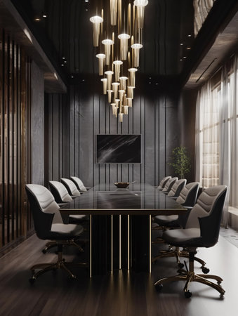 Conference room with a large table and chairs for negotiations and conferences with rallies in gold and gray colors. AI generated, AI generative, AI generativ, AI, generated, generative, generativ.の素材