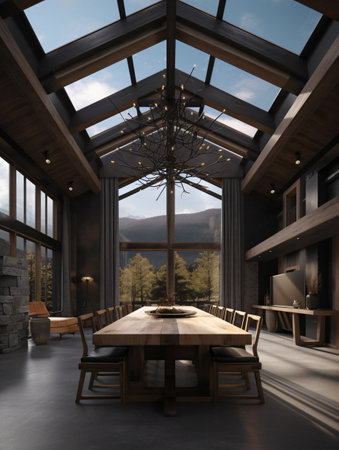 Dining room with a large wooden table and brown leather chairs and a large glass atrium on the ceiling. AI generated, AI generative, AI generativ, AI, generated, generative, generativ.の素材