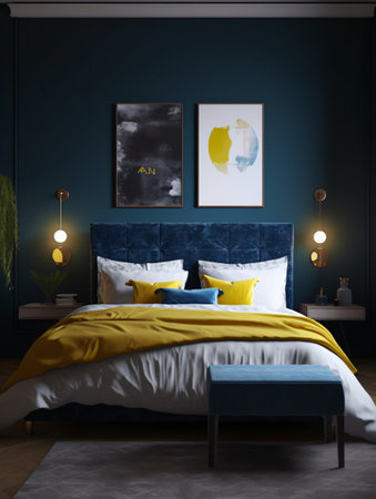 A bedroom with blue walls and a bed with a yellow duvet and paintings on the walls with a frontal view. AI generated, AI generative, AI generativ, AI, generated, generative, generativ.の素材