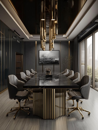 Conference room with a large table and chairs for negotiations and conferences with rallies in gold and gray colors. AI generated, AI generative, AI generativ, AI, generated, generative, generativ.の素材