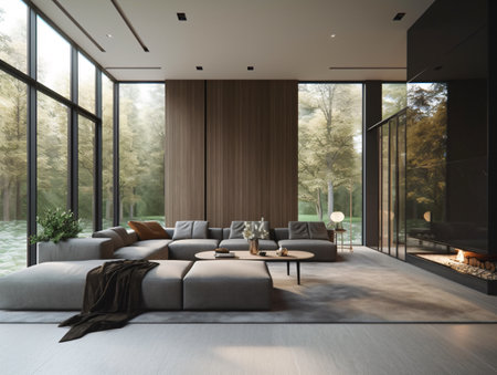 Living room with furniture and a fireplace with glass walls and wooden walls with high ceilings in brown. AI generated, AI generative, AI generativ, AI, generated, generative, generativ.の素材