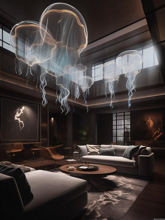 Large living room in dark brown with a glass atrium m high ceilings and luminous jellyfish chandeliers. AI generated, AI generative, AI generativ, AI, generated, generative, generativ.の素材