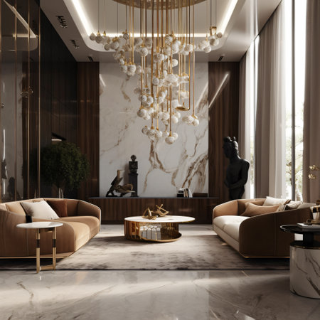 The living room is filled with furniture and a chandelier in marble and a brown and white color scheme. AI generated, AI generative, AI generativ, AI, generated, generative, generativ.の素材