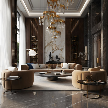 Living room with elements of classic and modern design with a high ceiling filled with furniture and a chandelier. AI generated, AI generative, AI generativ, AI, generated, generative, generativ.の素材
