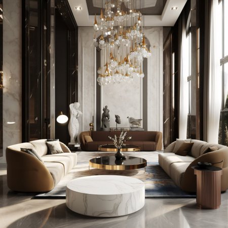 Living room with elements of classic and modern design with a high ceiling filled with furniture and a chandelier. AI generated, AI generative, AI generativ, AI, generated, generative, generativ.の素材