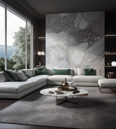 Contemporary living room with a white corner sofa near a large window with a white marble wall. AI generated, AI generative, AI generativ, AI, generated, generative, generativ.の素材