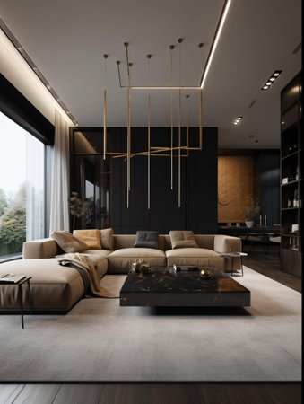Contemporary living room with a corner sofa with black shelves and a large window. AI generated, AI generative, AI generativ, AI, generated, generative, generativ.の素材
