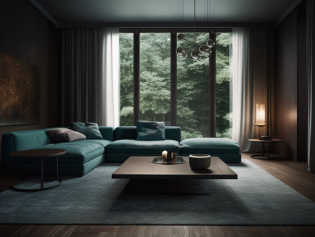 Darkly dramatic living room with a corner sofa near the window. AI generated, AI generative, AI generativ, AI, generated, generative, generativ.の素材