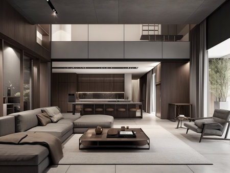 Gray-brown living room with high ceilings and wood paneling in contemporary style. AI generated, AI generative, AI generativ, AI, generated, generative, generativ.の素材