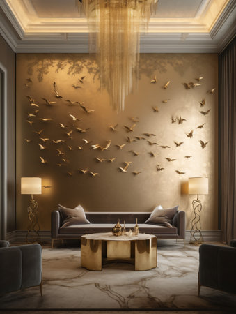 Living room with sofa and chandelier and panels of flying birds with golden inserts with wallpaper aesthetics. AI generated, AI generative, AI generativ, AI, generated, generative, generativ.の素材