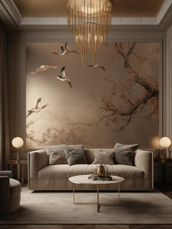 Living room with sofa and chandelier and panels of flying birds with golden inserts with wallpaper aesthetics. AI generated, AI generative, AI generativ, AI, generated, generative, generativ.の素材