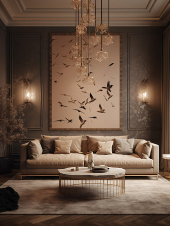 Living room with sofa and chandelier and panels of flying birds with golden inserts with wallpaper aesthetics. AI generated, AI generative, AI generativ, AI, generated, generative, generativ.の素材