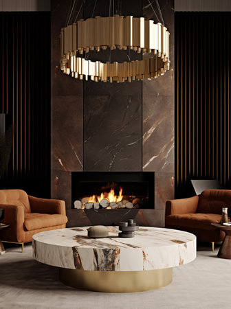 Contemporary living room with black marble fireplace and large round chandelier. AI generated, AI generative, AI generativ, AI, generated, generative, generativ.の素材