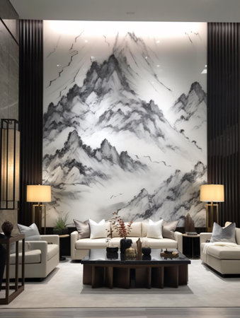 Living room with a large picture on the wall in the style of modern European painting with ink mountains. AI generated, AI generative, AI generativ, AI, generated, generative, generativ.の素材