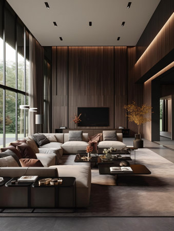 Contemporary living room with large modern sofas with glass walls and wooden walls. AI generated, AI generative, AI generativ, AI, generated, generative, generativ.の素材