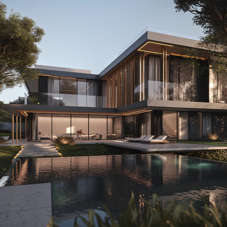 A modern large two-story residence with a swimming pool in front of it in the evening lighting. AI generated, AI generative, AI generativ, AI, generated, generative, generativ.の素材