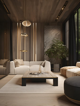Beige living room with two sofas and a coffee table with surround lighting and wood paneling on the walls. AI generated.の素材