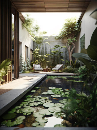 Patio with a pond in the middle of an open space in a large residence with concrete walls. AI generated, AI generative, AI generativ, AI, generated, generative, generativ.の素材