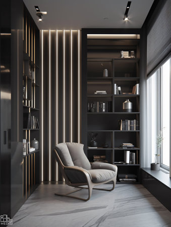 A white armchair seated in the living room next to a window and wall to wall bookcases. AI generated, AI generative, AI generativ, AI, generated, generative, generativ.の素材