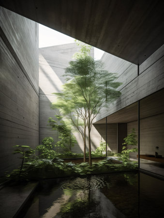 Open space patio among concrete walls with pond and trees in dark lighting. AI generated, AI generative, AI generativ, AI, generated, generative, generativ.の素材