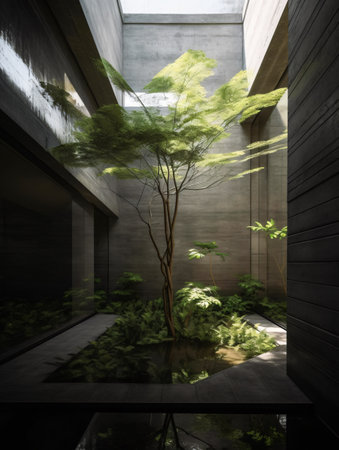 Open space patio among concrete walls with pond and trees in dark lighting. AI generated, AI generative, AI generativ, AI, generated, generative, generativ.の素材