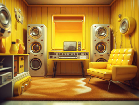 Yellow modern office room with computer with radio and speaker with sofa and armchair. AI generated, AI generative, AI generativ, AI, generated, generative, generativ.の素材