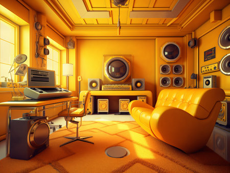 Yellow modern office room with computer with radio and speaker with sofa and armchair. AI generated, AI generative, AI generativ, AI, generated, generative, generativ.の素材