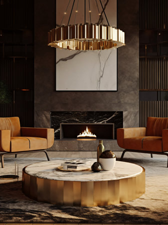 Contemporary living room with black marble fireplace and large round chandelier. AI generated, AI generative, AI generativ, AI, generated, generative, generativ.の素材
