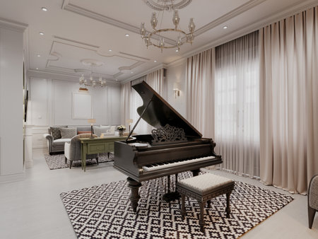 Spacious living room with a grand piano, elegant furniture, and soft lighting. Classic design elements with neutral tones create a refined and serene ambiance. 3D rendering, 3D illustration.の写真素材