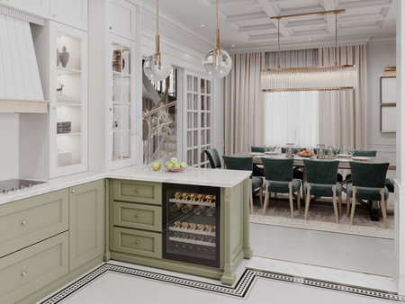 Elegant kitchen and dining area with classic design, featuring green cabinetry, a wine cooler, and sophisticated lighting. Open and bright space with a timeless appeal. 3D rendering, 3D illustration.の写真素材