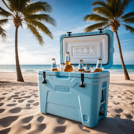 Beach cooler with ice-cold beverages under palm trees on a sandy shoreline with ocean view.の素材