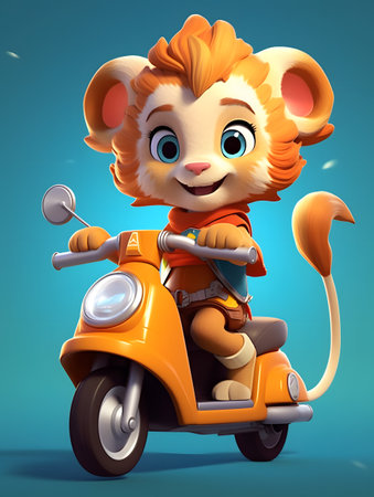 Adorable cartoon lion cub riding an orange scooter with joyful expression.の素材