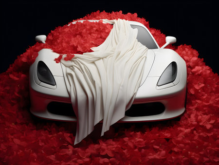 Elegance unveiled: luxurious white car draped with white fabric amidst red petals.の素材