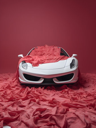 Sleek white sports car draped in red fabric with bold red background.の素材