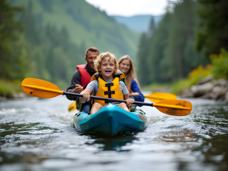 Family adventure: parents and child kayaking on a scenic mountain river.の素材