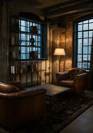 Cozy industrial loft with leather chairs and urban view in warm lighting.の素材