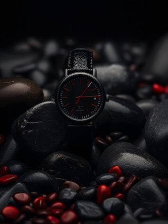 A sophisticated black watch with a minimalist design is elegantly displayed on a bed of smooth black stones and scattered red pebbles, creating a striking contrast. ideal for use in advertisements, posters, or product showcases.の素材