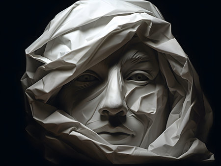 A hyper-realistic sculpture of a face intricately covered by a draped sheet. the folds and shadows create a dramatic and mysterious effect, emphasizing the sculptural detail and texture.の素材