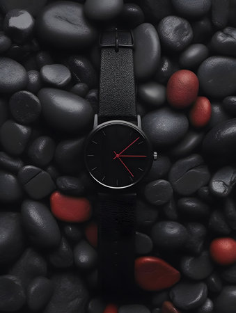 A sleek black watch with a minimalist design is elegantly displayed on a bed of smooth black and red river rocks, highlighting its modern aesthetic. ideal for fashion accessory promotions and design inspiration.の素材