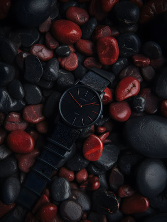 A sophisticated black watch with a sleek strap rests on a textured surface of red and black rocks. the contrast highlights the timepiece's elegance, ideal for fashion design, advertising, and promotion.の素材