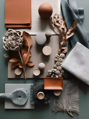 A curated collection of earthy-toned materials and textured objects, showcasing a harmonious blend of natural and crafted elements. ideal for use in interior design and decor projects seeking organic inspiration.の素材