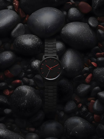 A modern black watch with a minimalist design rests atop a collection of smooth, dark stones. the contrast between the sleek timepiece and the natural textures highlights elegance and sophistication, perfect for fashion-centric projects.の素材